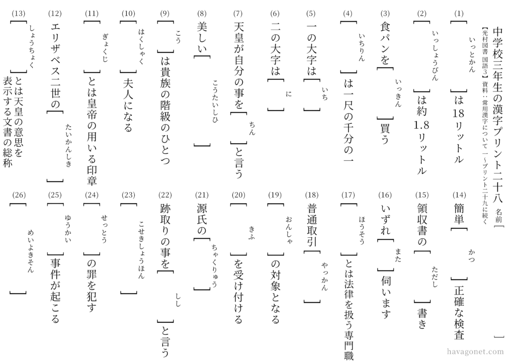 中学校三年生の漢字プリント二十八【光村図書 国語3 】資料：常用漢字について